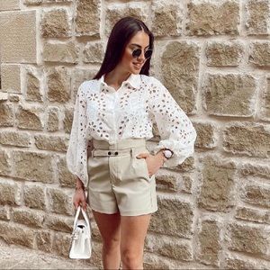 Zara  Beige Coated High waisted Bermuda Shorts